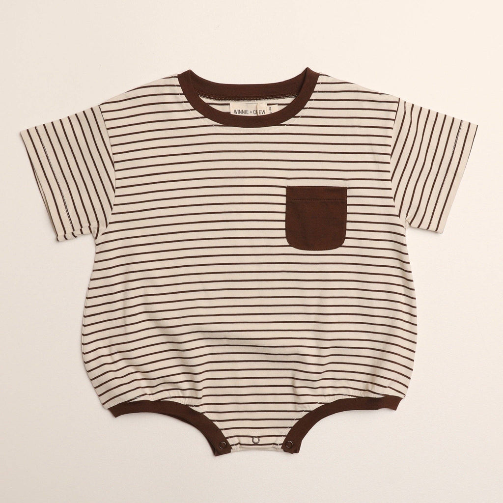 Cory Pocket Romper in Thin Chocolate Stripe