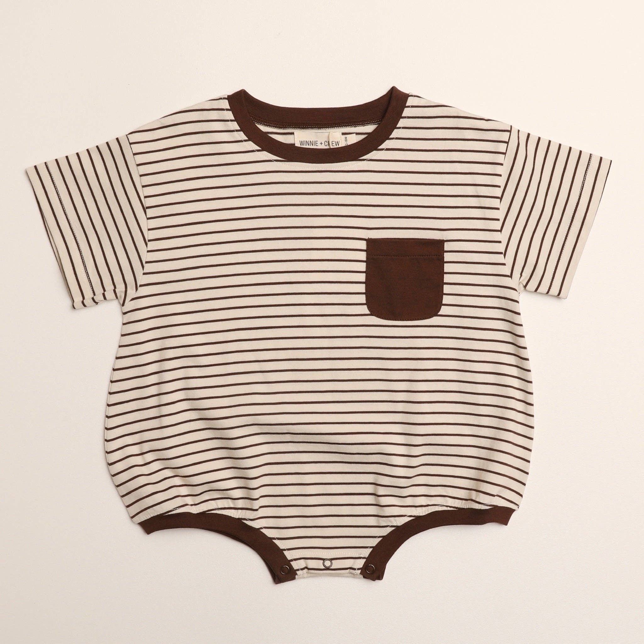 Cory Pocket Romper in Thin Chocolate Stripe